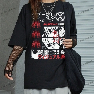 Unisex BAY  Grunge Punk Japon Harf ve Şekil Grafik Damla Omuz Tişört KOD-1344