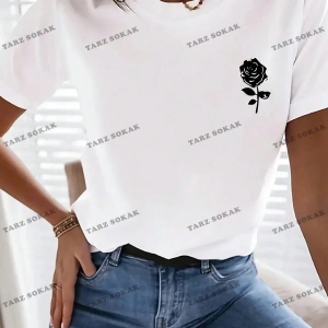 Unisex BAY  Gül Çiçek Desenli Yuvarlak Yaka Kısa Kollu Tişört KOD-1348