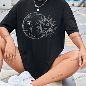 Unisex BAY  Güneş ve Ay Desenli Düşük Omuz Tişört KOD-1342