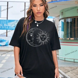 Unisex BAY  Güneş ve Ay Desenli Düşük Omuz Tişört KOD-1342