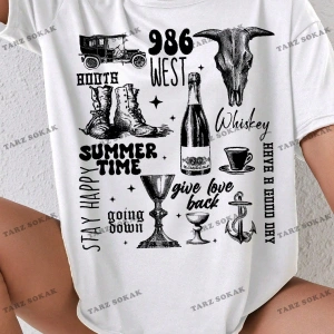 Unisex BAY  Kadın Batı Tarzı Baskılı Kısa Kollu Tişört KOD-1336