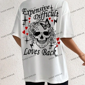 Unisex BAY  Kadın Kafatası Kafalı, Aşk Kalpli ve Harfli Baskılı Tişört KOD-1303