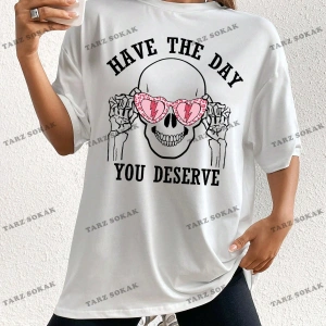 Unisex BAY  Kadın Kafatası ve Slogan Baskılı Düşük Omuz Tişört KOD-1381