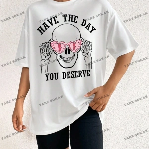 Unisex BAY  Kadın Kafatası ve Slogan Baskılı Düşük Omuz Tişört KOD-1381