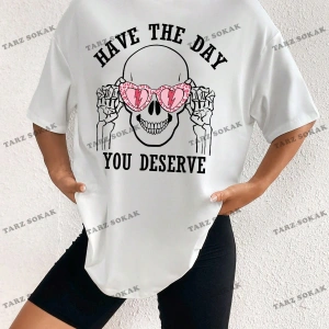 Unisex BAY  Kadın Kafatası ve Slogan Baskılı Düşük Omuz Tişört KOD-1381