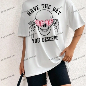 Unisex BAY  Kadın Kafatası ve Slogan Baskılı Düşük Omuz Tişört KOD-1381