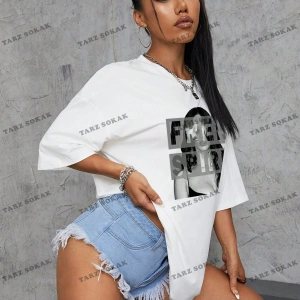 Unisex BAY  Kadın Karakter ve Harf Baskılı Düşük Omuzlu Tişört KOD-1372