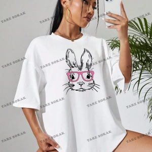 Unisex BAY  Kadın Karikatür Tavşan Baskılı Bol Kesim Tişört KOD-1354