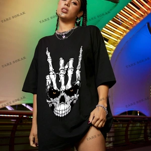 Unisex BAY  Kafatası Baskılı Düşük Omuzlu Büyük Boy Tişört KOD-1329