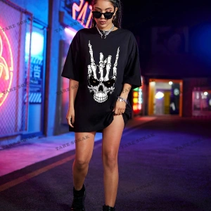 Unisex BAY  Kafatası Baskılı Düşük Omuzlu Büyük Boy Tişört KOD-1329