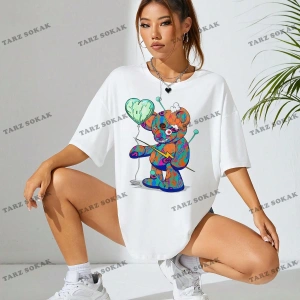 Unisex BAY  Karikatür Ayı Baskı Damla Omuz Büyük Boy Tişört KOD-1375