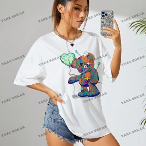 Unisex BAY  Karikatür Ayı Baskı Damla Omuz Büyük Boy Tişört KOD-1375