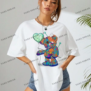 Unisex BAY  Karikatür Ayı Baskı Damla Omuz Büyük Boy Tişört KOD-1375