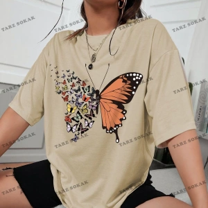Unisex BAY  Kelebek Desenli Düşük Omuzlu Tişört KOD-1402