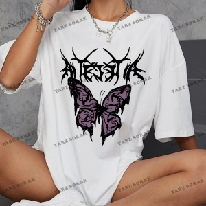 Unisex BAY  Kelebek Ve Harf Grafikli Oversize Tişört KOD-1358