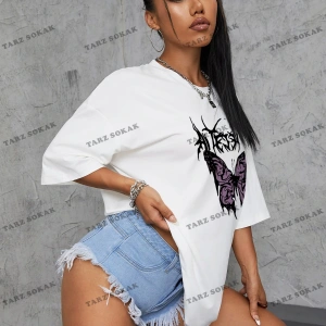 Unisex BAY  Kelebek Ve Harf Grafikli Oversize Tişört KOD-1358