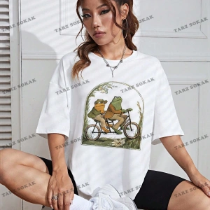 Unisex BAY  Kurbağa Desenli Düşük Omuzlu Tişört KOD-1364