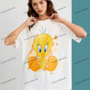 Unisex BAY  LOONEY TUNES X Karikatür Grafik Düşük Omuz Büyük Boy Tişört KOD-1319