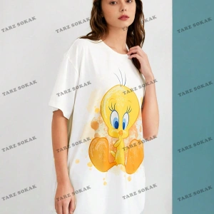 Unisex BAY  LOONEY TUNES X Karikatür Grafik Düşük Omuz Büyük Boy Tişört KOD-1319