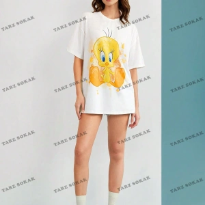 Unisex BAY  LOONEY TUNES X Karikatür Grafik Düşük Omuz Büyük Boy Tişört KOD-1319