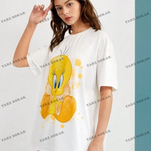 Unisex BAY  LOONEY TUNES X Karikatür Grafik Düşük Omuz Büyük Boy Tişört KOD-1319