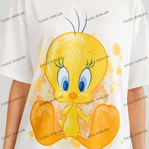 Unisex BAY  LOONEY TUNES X Karikatür Grafik Düşük Omuz Büyük Boy Tişört KOD-1319