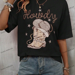 Unisex BAY  Mektup ve Şapka Desenli Damla Omuz Tişört KOD-1326