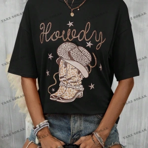 Unisex BAY  Mektup ve Şapka Desenli Damla Omuz Tişört KOD-1326