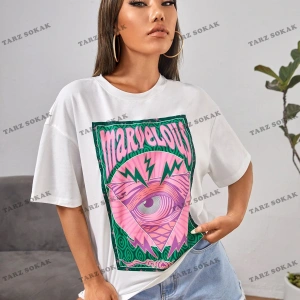 Unisex BAY  PETITE Göz ve Harf Grafik Damla Omuz Yazlık Giysiler Tişört KOD-1314