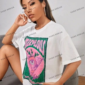 Unisex BAY  PETITE Göz ve Harf Grafik Damla Omuz Yazlık Giysiler Tişört KOD-1314