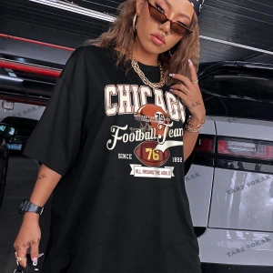 Unisex BAY  Rugby ve Slogan Grafikli Düşük Omuzlu Oversize Tişört KOD-1389