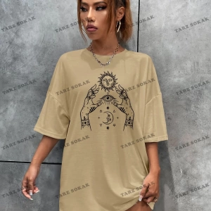 Unisex BAY  Sun & Figure Grafikli Düşük Omuzlu Tişört KOD-1363