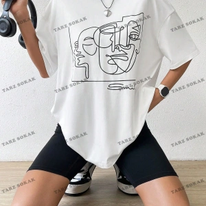 Unisex BAY  Yaz Beyaz Y2k Soyut Şekil Grafik Damla Omuz Tee Grafik Gömlek KOD-1360