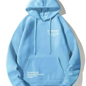 Unisex Bebe mavisi Happiest Baskılı Oversize Kapşonlu Sweatshirt BEBE MAVİ