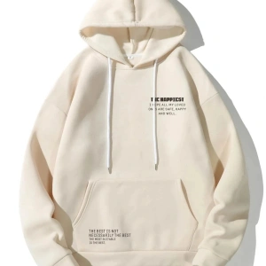 Unisex Bej Happiest Baskılı Oversize Kapşonlu Sweatshirt Bej