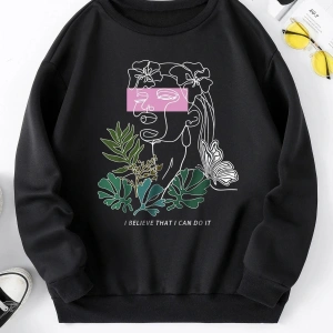 Unisex Belief Baskılı Oversize Bisiklet Yaka Sweatshirt Siyah