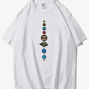 Unisex Beyaz 9 Gezegen Baskılı Oversize Bisiklet Yaka Tshirt