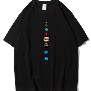 Unisex Beyaz 9 Gezegen Baskılı Oversize Bisiklet Yaka Tshirt