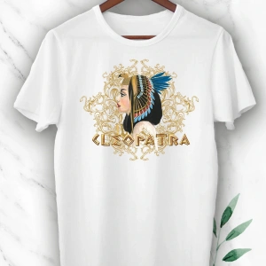 Unisex Beyaz Antik Mısır Kleopatra Baskılı T-shirt