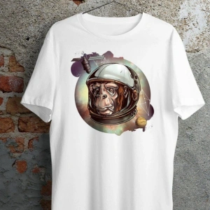Unisex Beyaz Astronot Maymun Baskılı Oversize Bisiklet Yaka Tişört
