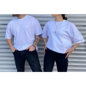 Unisex Beyaz Bisiklet Yaka Sevgili Kombin 2 Li Paket Tshirt
