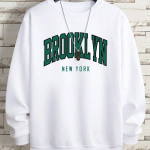Unisex Beyaz Brooklyn Newyork 1898 Siyah Baskılı Kapüşonlu Oversize Sweatshirt mdgnmo