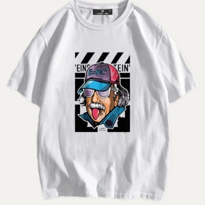 Unisex Beyaz Einstein Baskılı Oversize Tişört