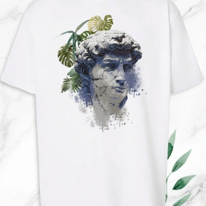 Unisex Beyaz Mitoloji Heykel Baskılı Oversize T-shirt