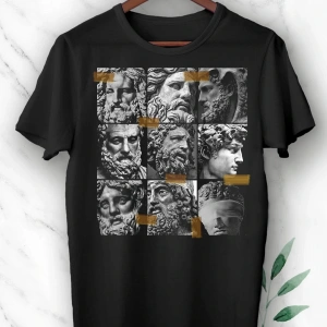 Unısex Beyaz Mitoloji Heykel Baskılı Tişört