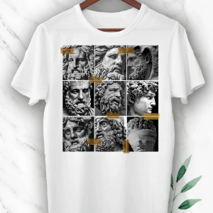 Unısex Beyaz Mitoloji Heykel Baskılı Tişört