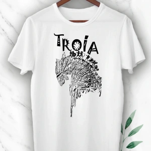 Unısex Beyaz Mitoloji Truva Atı Baskılı T-Shirt