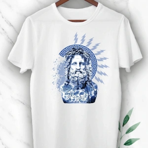 Unısex Beyaz Mitoloji Zeus Baskılı Tişört