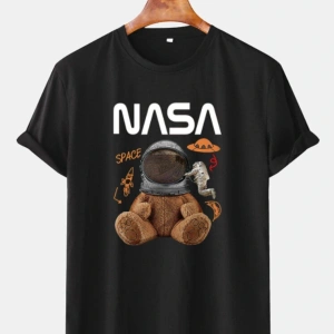 Unisex Beyaz Nasa Uzaylı Ayıcık Baskılı Bisiklet Yaka Oversize Tişört