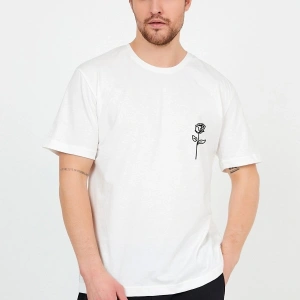 Unisex Beyaz Önü Gül Baskılı Bol Kesim Oversize Pamuklu Tshirt